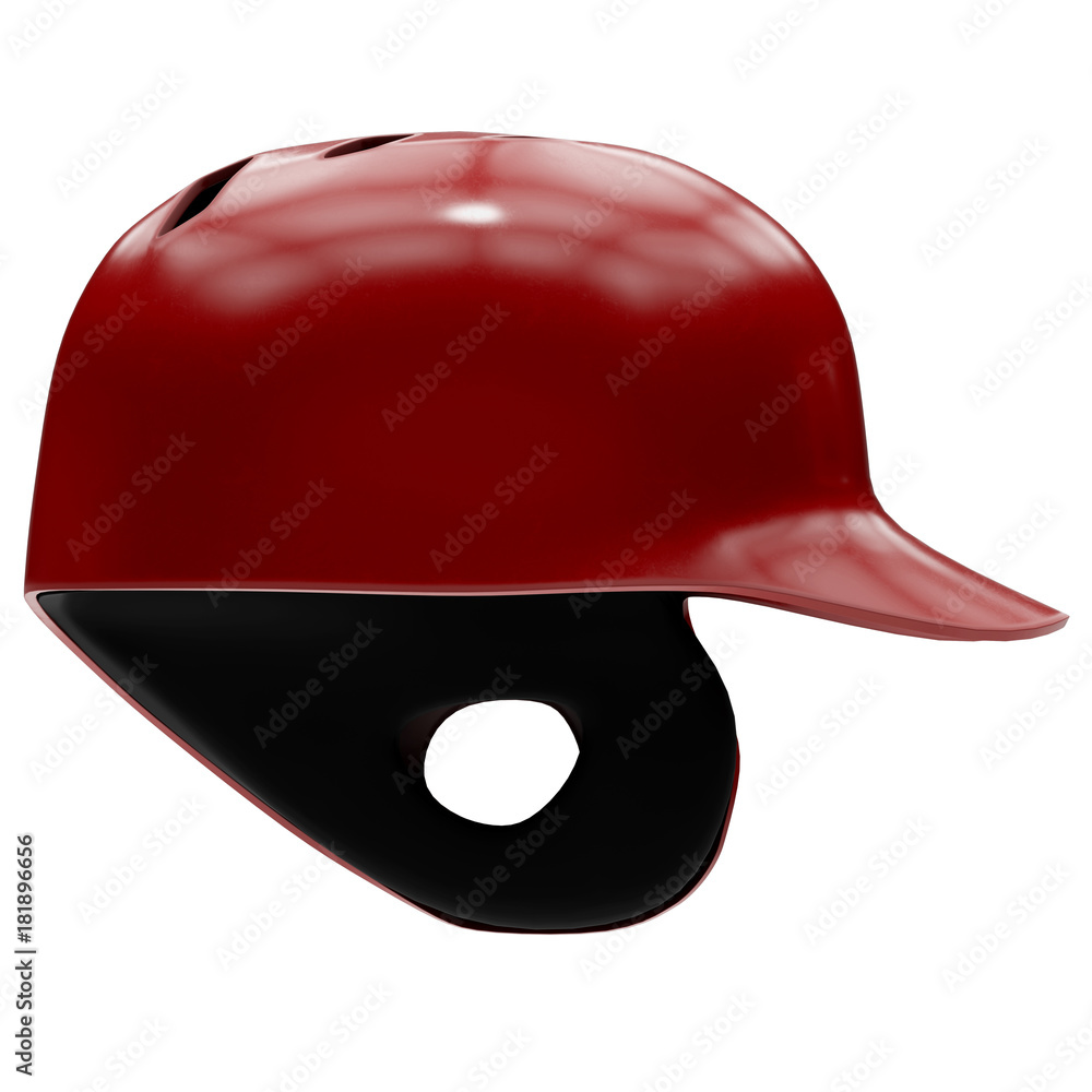 Baseball batting helmet with one ear protect. Red color and Side view. Sport equipment. 3D illustration. Isolated on white background. Baseball batting helmet with one ear protect. Red color and Side view. Sport equipment. 3D illustration. Isolated on white background.
