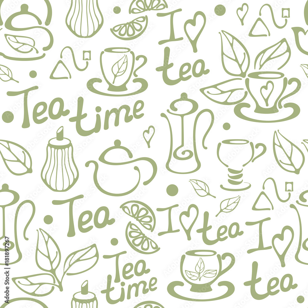 Seamless pattern with vector tea elements and words. On white background.  Situable for wallpaper, wrapping or textile Stock Vector | Adobe Stock