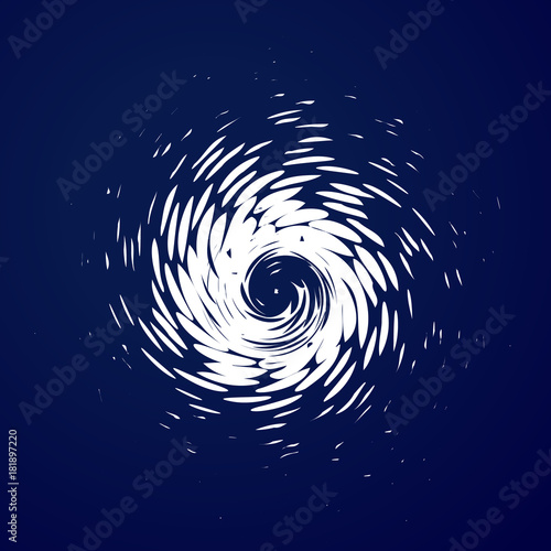 Huge hurricane, tornado, typhoon, white swirl clouds, twister on blue sea background top view. Danger cyclone vector illustration, web infographic.