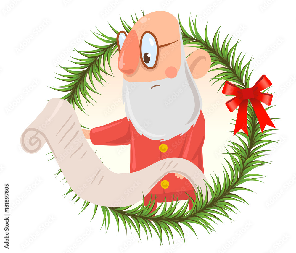Funny puzzled Santa Claus in glasses reads long list of wishes. Isolated on white background. Round design element, frame of fir branches. Cartoon character vector illustration.