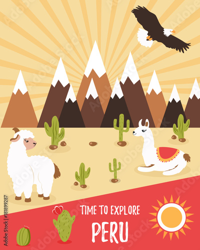 Tourist leaflet of Peru with cute lamas