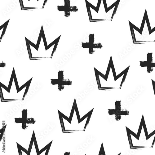 Seamless grunge pattern with crowns and crosses painted by brush. Sketch, graffiti, watercolor.