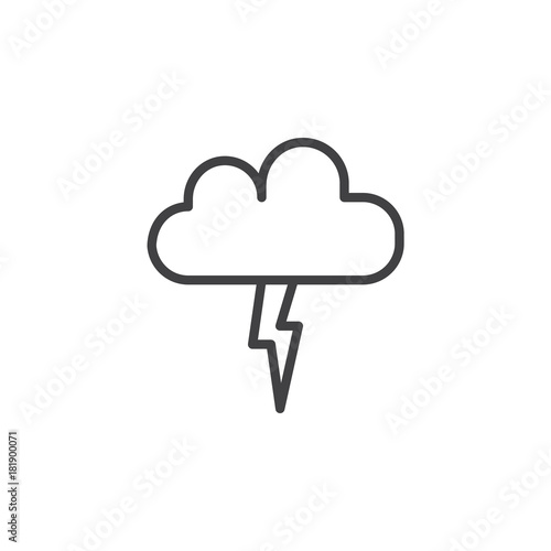 Lightning, thunderstorm cloud line icon, outline vector sign, linear style pictogram isolated on white. Cloud with light flash symbol, logo illustration. Editable stroke