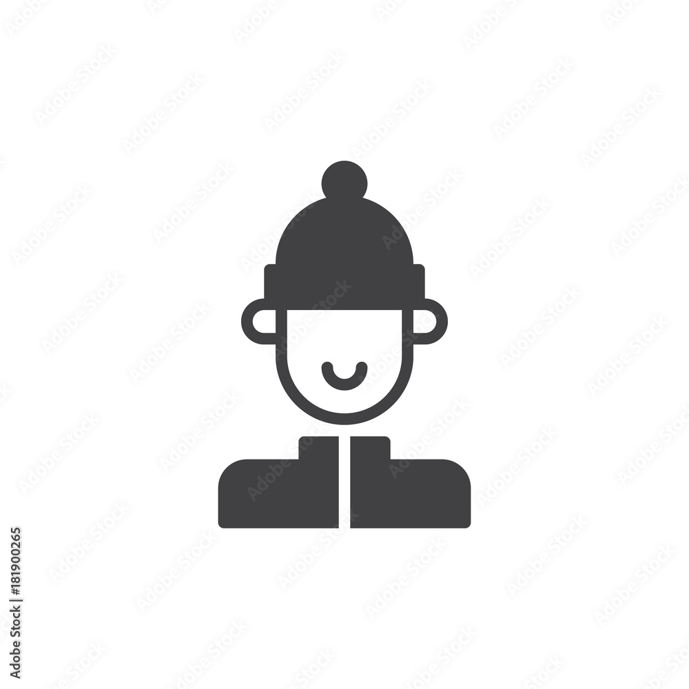 Man in winter ski hat icon vector, filled flat sign, solid pictogram isolated on white. Symbol, logo illustration. Man in winter ski hat icon vector, filled flat sign, solid pictogram isolated on white. Symbol, logo illustration.