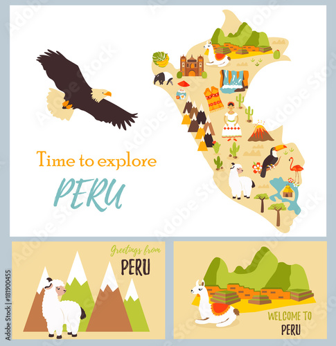 Set of tourist cards of Peru with landmarks.