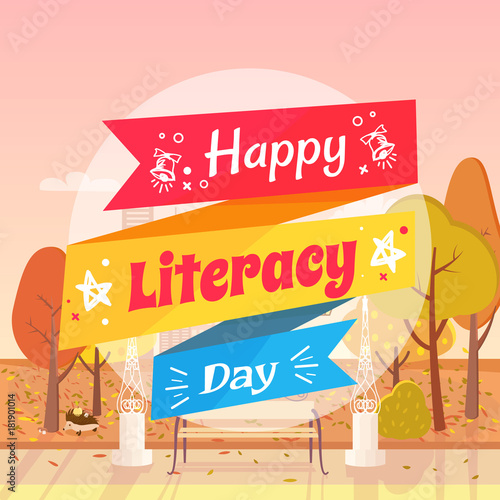 Happy Literacy Day Autumn Vector Illustration