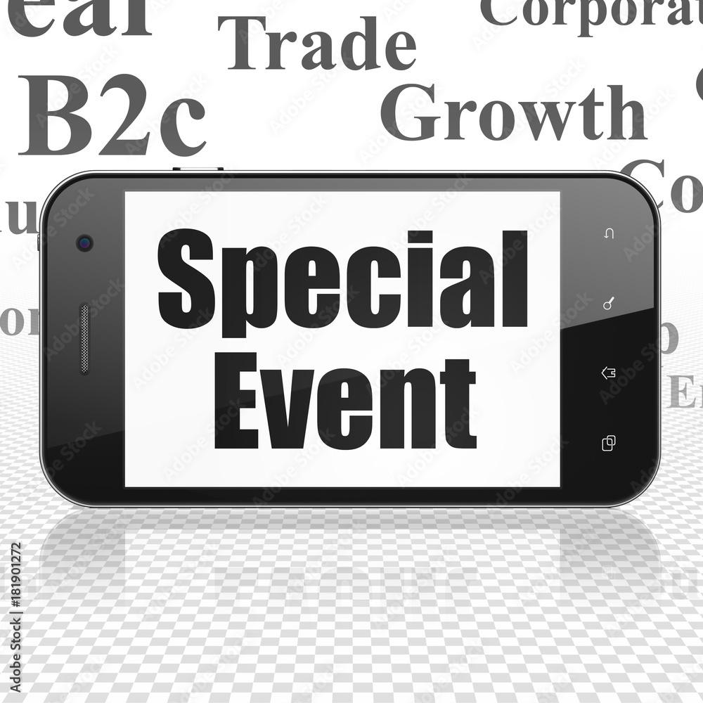 Business concept: Smartphone with  black text Special Event on display,  Tag Cloud background, 3D rendering
