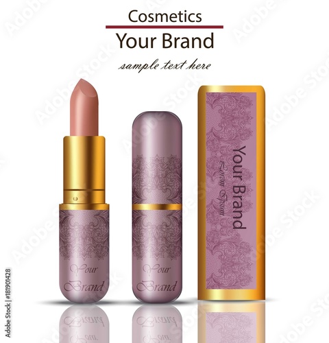 Lipstick cosmetics realistic Mock up Vector. Matt lipgloss with lace ornament packaging original design. Pink powder colors
