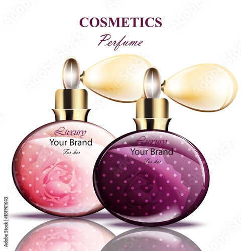 Vintage Spray perfume bottles. Realistic Vector Product packaging designs