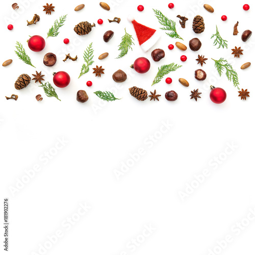 Christmas holiday and minimal creative pattern on white. flat lay, top view. christmas background wallpaper.