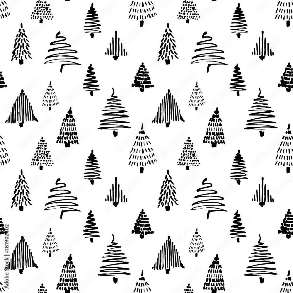 Obraz premium Christmass tree seamless pattern. Vector illustration. Black Hand drawn doodle sketch with ink. Design for wrapping