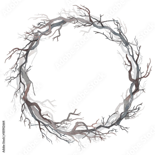 Watercolor wreath of bare branches. Beauty of winter nature.