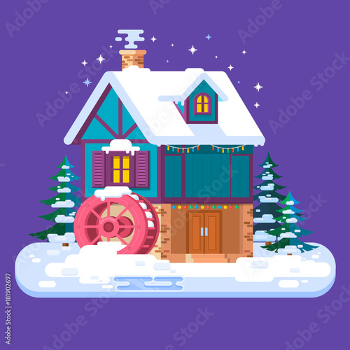 Fototapeta Naklejka Na Ścianę i Meble -  Old water mill in winter.Merry Christmas and Happy New Year card with winter house.Flat style vector illustration.