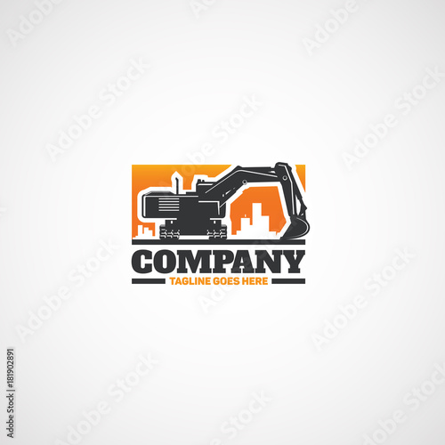 Vector excavator and buildings, emblem.