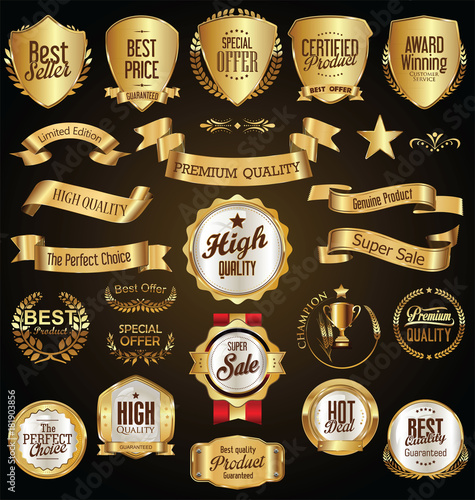 Golden retro sale badges and labels vector collection