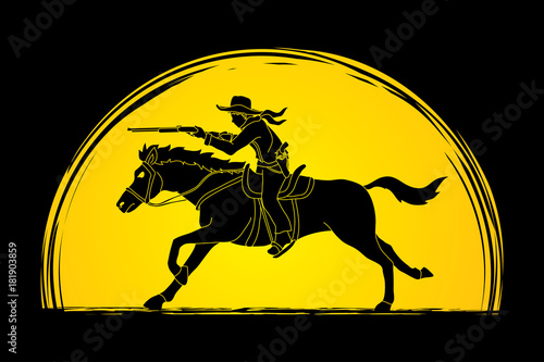 Cowboy on horse, aiming rifle designed on moonlight background graphic vector.