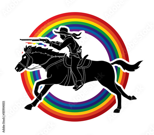 Cowboy on horse, aiming rifle designed on rainbow background graphic vector.