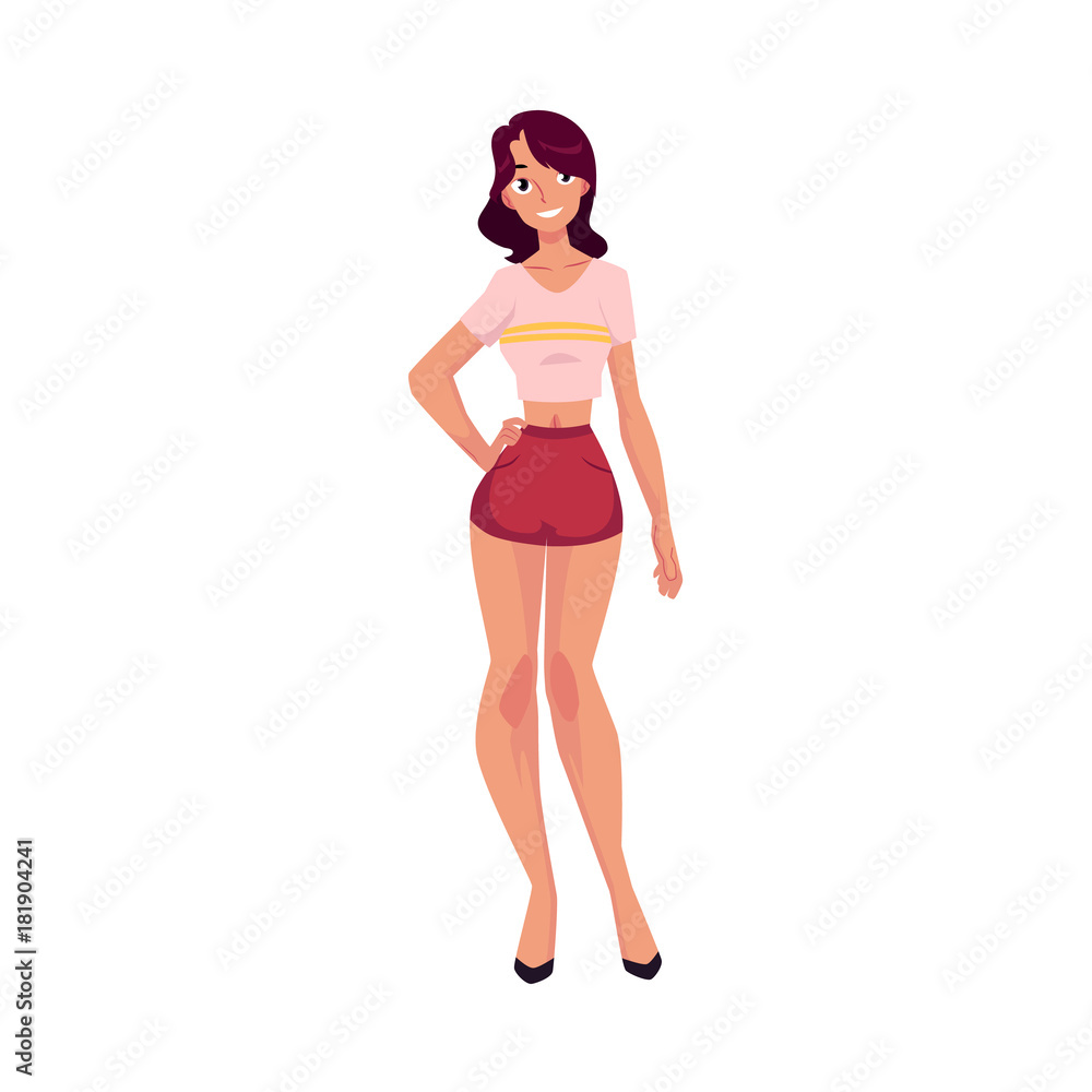 Young beautiful slim Caucasian woman, girl in pajamas, shorts and tshirt, cartoon vector illustration isolated on white background. Cartoon young woman, girl in pajamas, full length portrait Young beautiful slim Caucasian woman, girl in pajamas, shorts and tshirt, cartoon vector illustration isolated on white background. Cartoon young woman, girl in pajamas, full length portrait