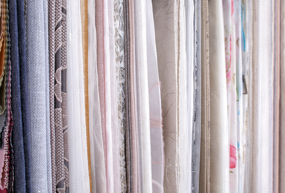 Assortment of fabric samples for curtains, closeup Assortment of fabric samples for curtains, closeup
