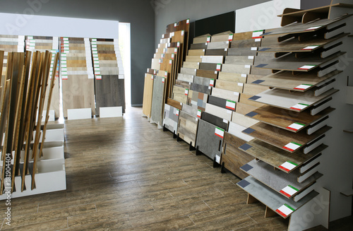 Assortment of flooring samples in shop