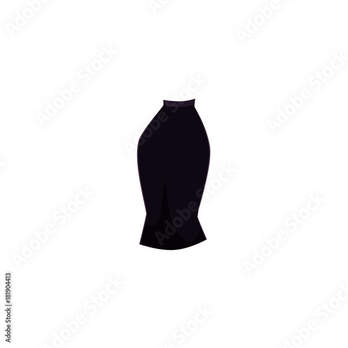 Black slim fit midi pencil skirt, cartoon vector illustration isolated on white background. Cartoon midi pencil skirt, trendy outfit, business suit element
