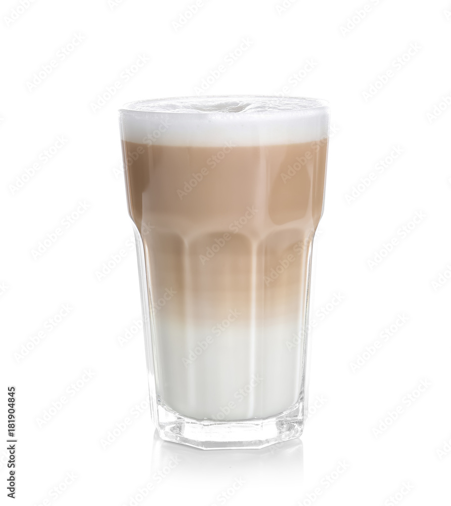 Glass with latte macchiato on white background Stock Photo
