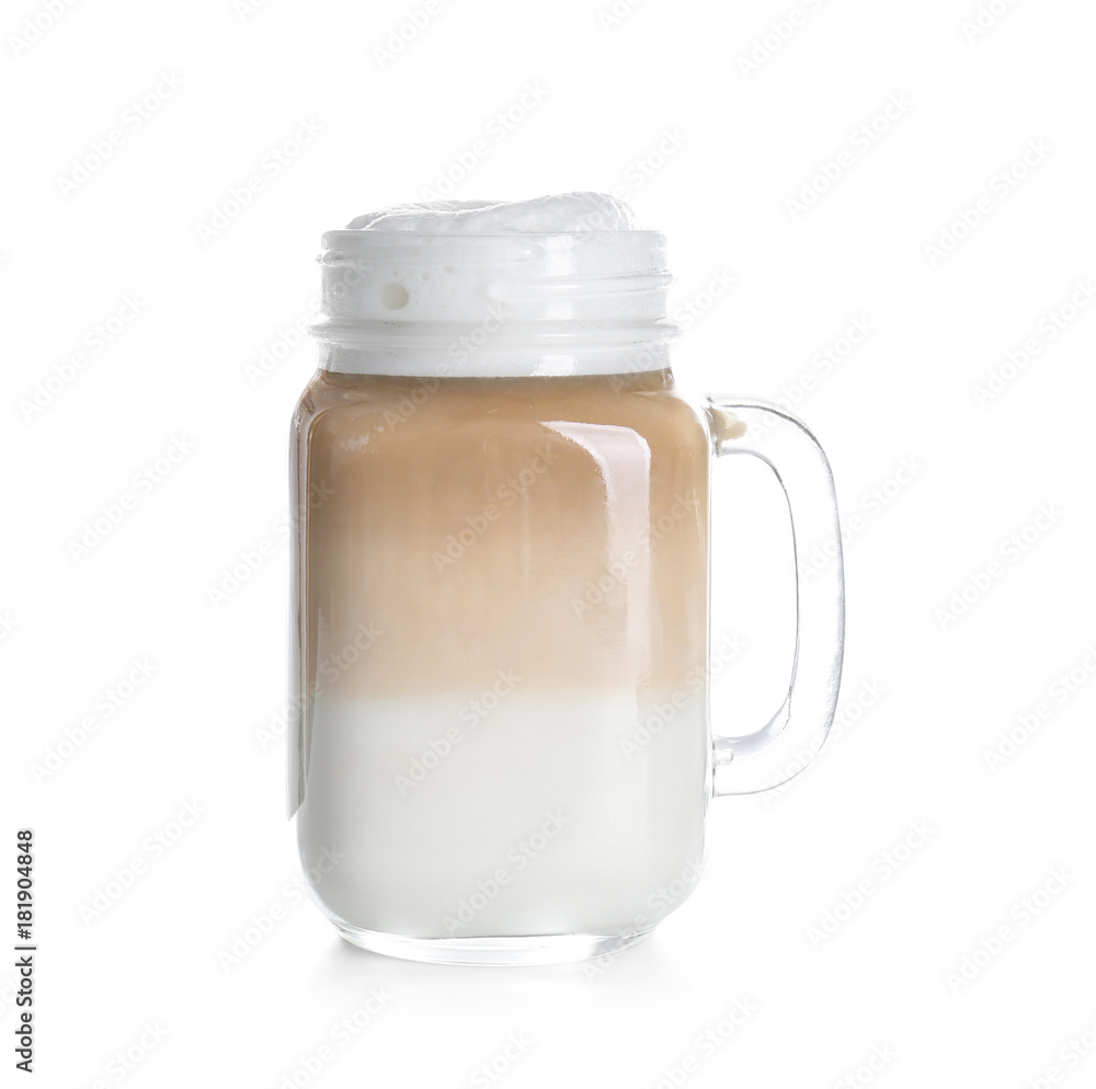 Mason jar with latte macchiato on white background Mason jar with latte macchiato on white background