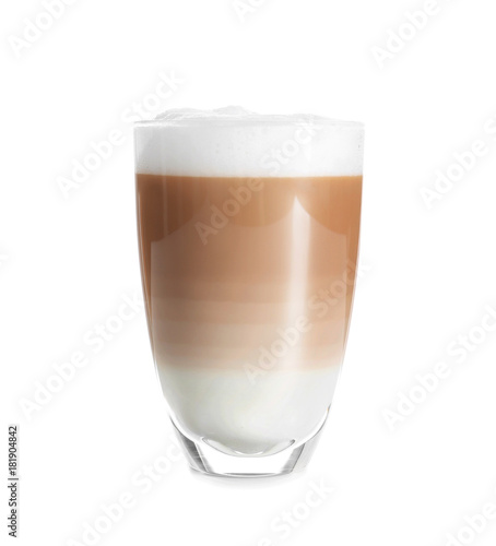Valokuvatapetti Glass with latte macchiato on white background