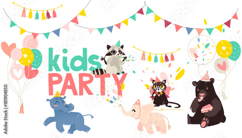 vector cartoon animals at party poster. Hippo and elephat running  cat singing at microphone  bear eats cake raccoon whistling on background of confetti  balloons and flags. Isolated illustration