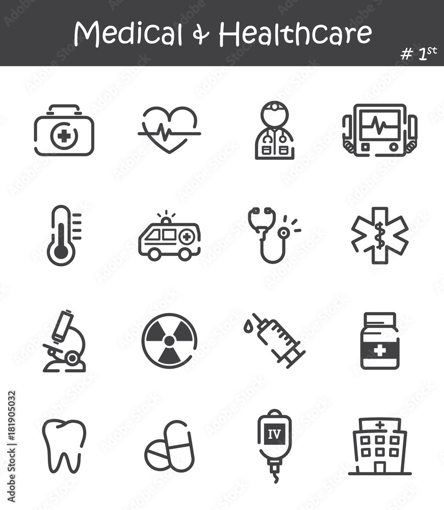 Naklejka premium Medical and Healthcare line icon set 1
