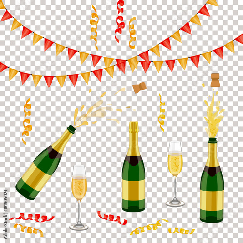 Set of champagne, sparkling wine bottle, open and closed, glass, flags and spiral confetti, realistic vector illustration isolated. Champagne bottle, glass, party decorations