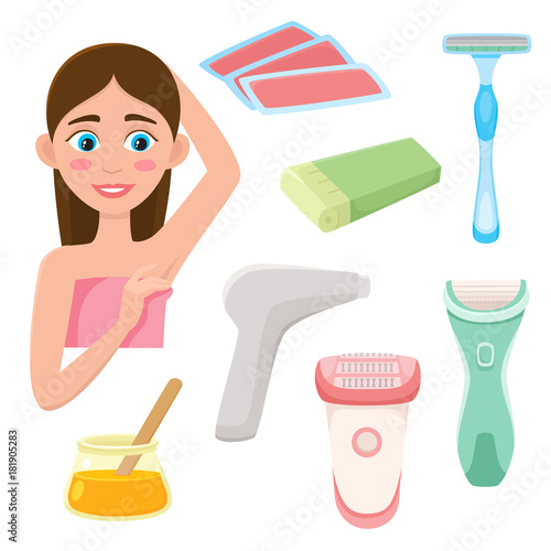 Set of hair removal, depilation tools - razor, epilator, laser, wax strips and cartridge, sugaring paste, flat vector illustration isolated on white background. Flat icon hair removal, depilation set