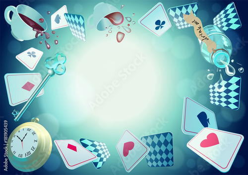 Alice in Wonderland. Playing cards, pocket watch, key, cup and poison falling down the rabbit hole. Vector background, horizontal banner
