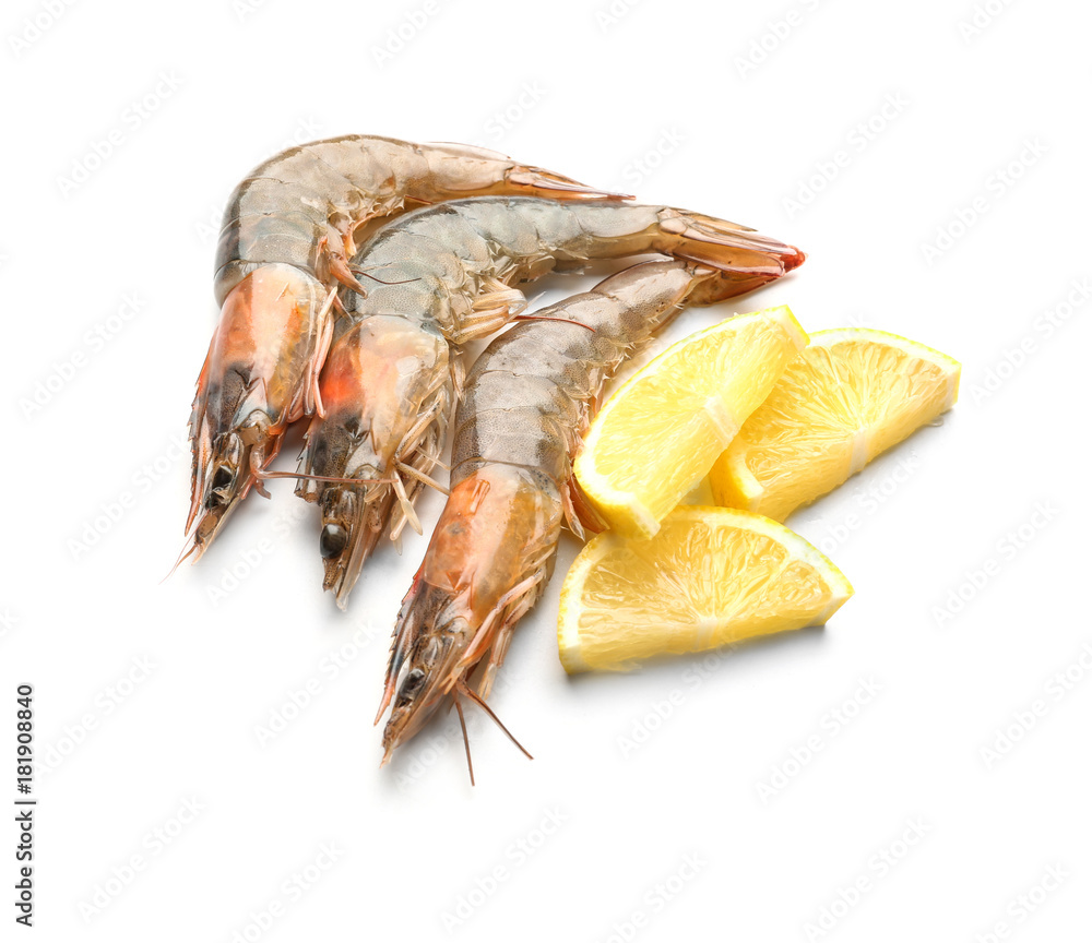Fresh shrimps with slices of lemon on white background Fresh shrimps with slices of lemon on white background