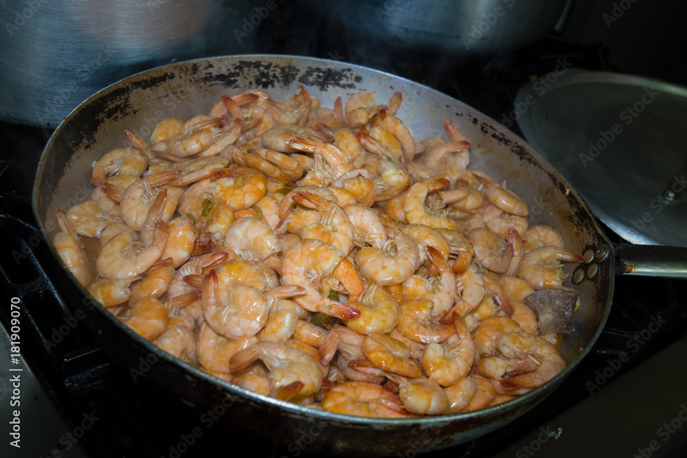 pan with cooked shrimp