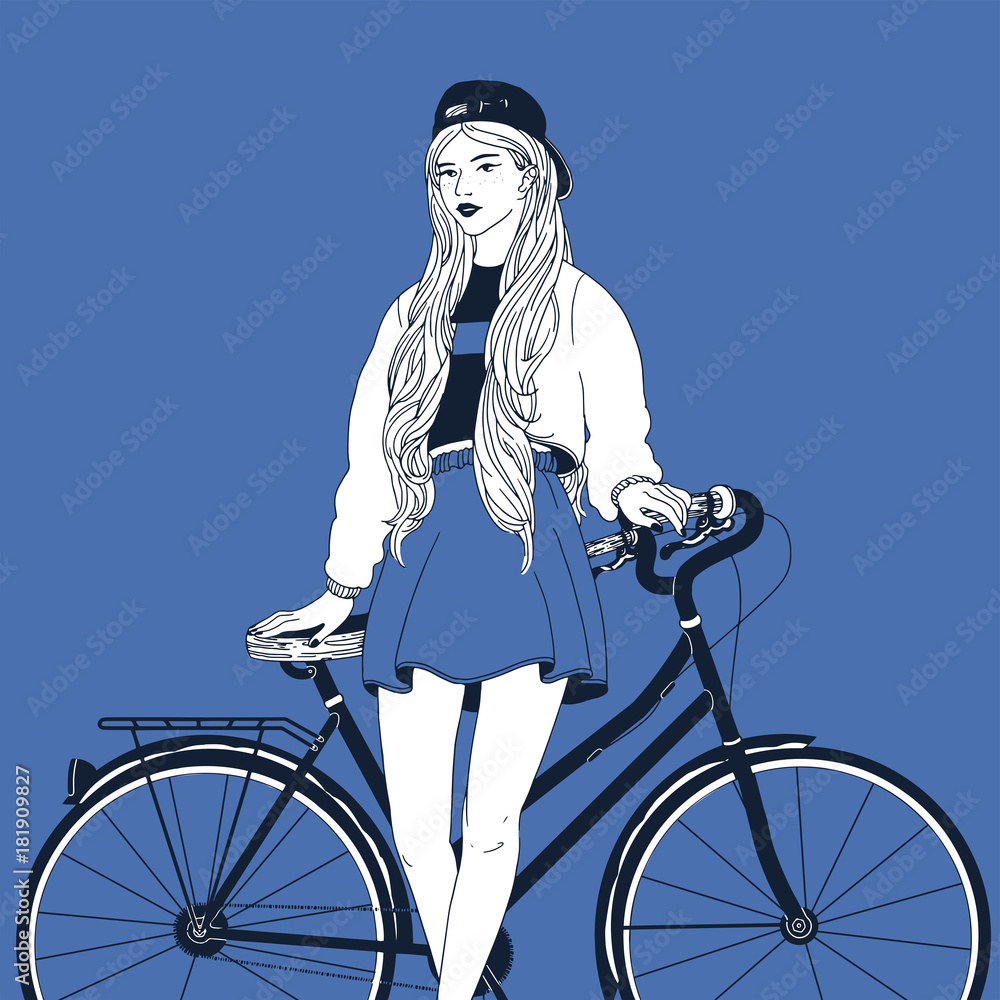 Young long-haired woman dressed in trendy clothes leaning her back on city  bike. Stylish girl with bicycle drawn with contour lines on blue  background. Street style outfit. Vector illustration. Stock Vector