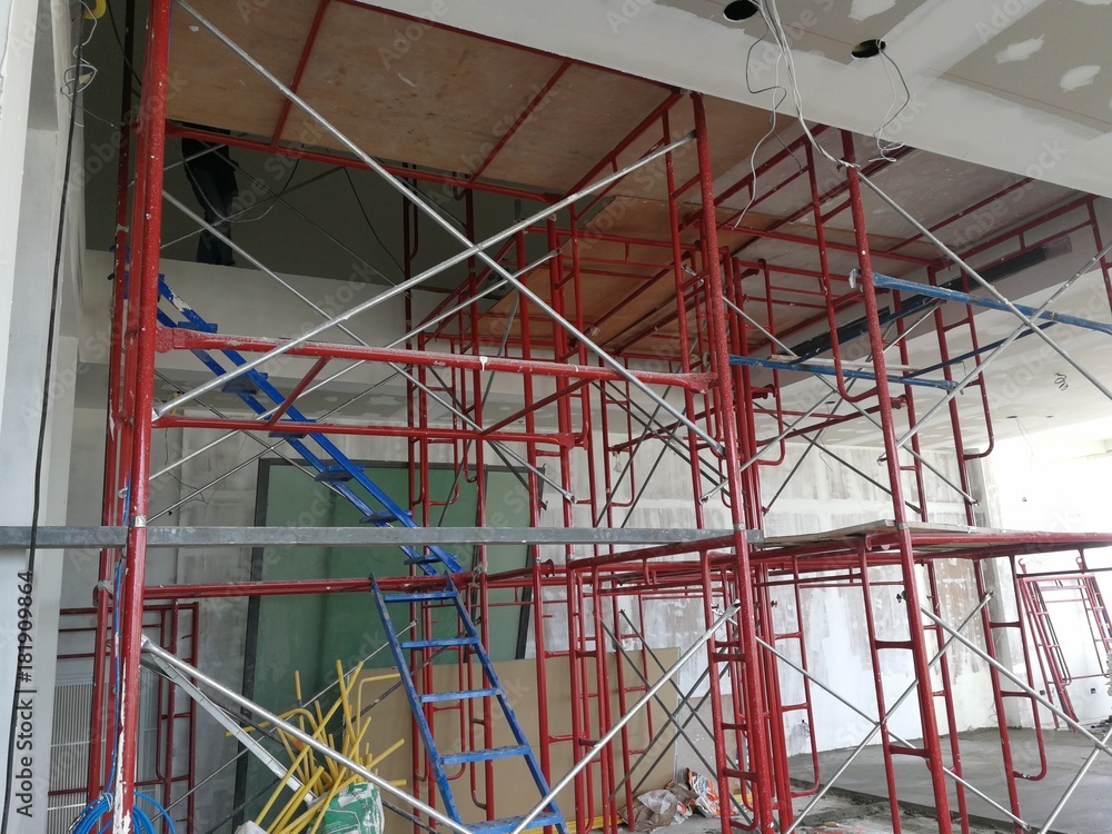 Construction of metal frame scaffolding