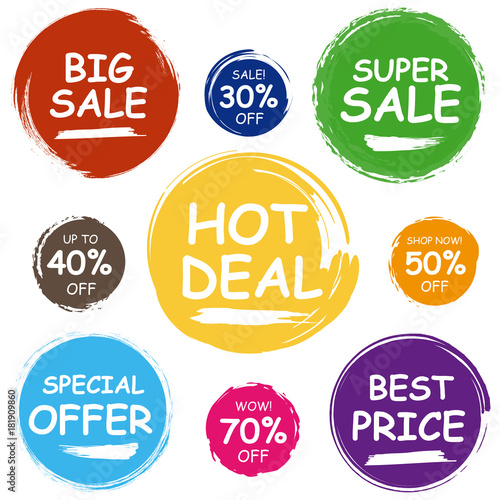 Colorful sale tags in grunge style. Big sale, special offer, hot deal, best price.