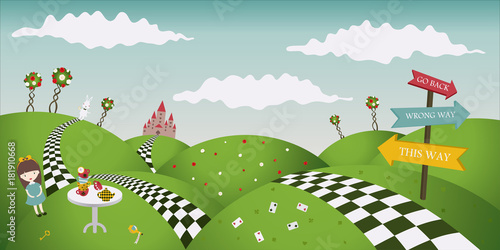Wonderland fantastic landscape with roses. Alice and the white rabbit. Horizontal banner, vector illustration