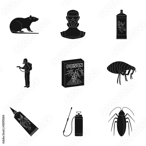 Pest, poison, personnel and various equipment black icons in set collection for design. Pest control service vector symbol stock web illustration.