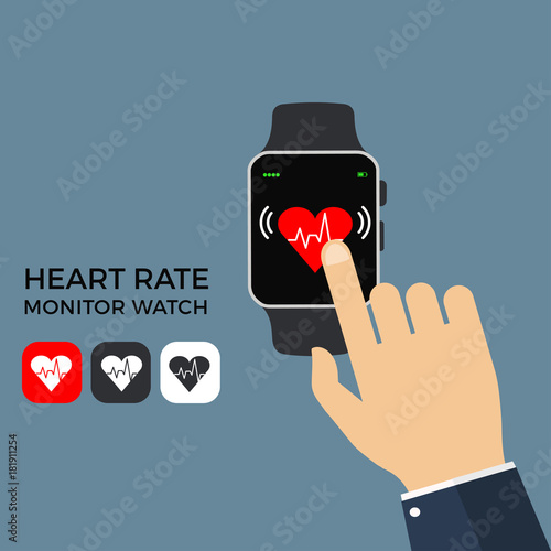 White smart watch showing heart beat rate app. Human hand finger pushing touchscreen. Flat vector icon.