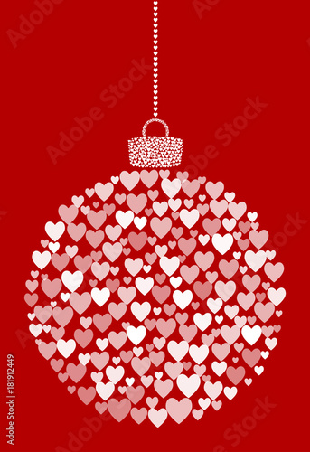 Vector hanging abstract Christmas ball consisting of heart icons on red background