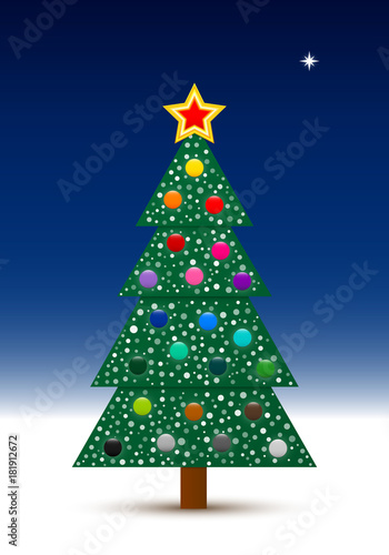 Vector decorated Christmas tree with balls and snow in the clear night with north star