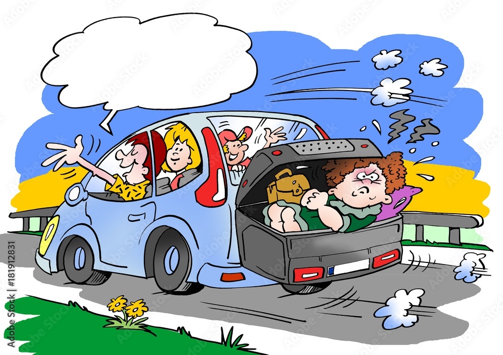 Cartoon illustration of a family on a road trip. Mother in law placed in  the luggage roof box suitcase Illustration Stock