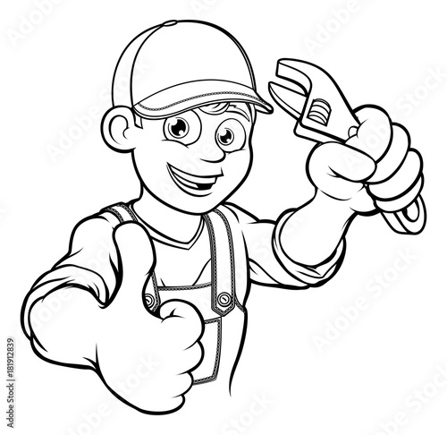Mechanic or Plumber Handyman With Wrench Cartoon