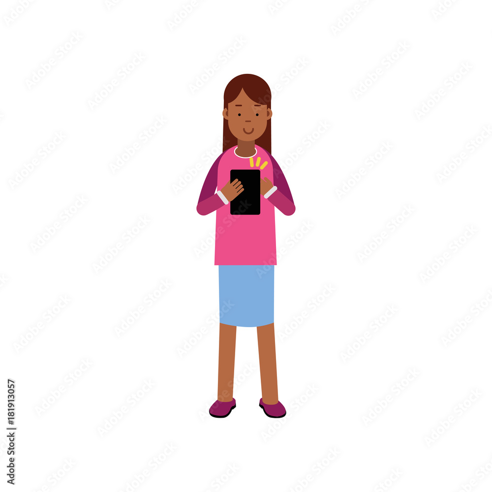 Teenager girl standing with tablet, female student using electronic device vector Illustration Teenager girl standing with tablet, female student using electronic device vector Illustration