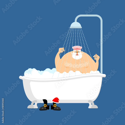 Santa Claus in bath. Christmas grandfather washes. New Year Vector Illustration