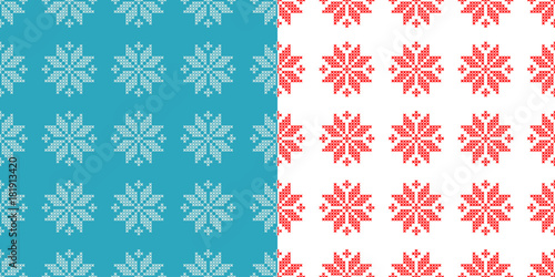 Set of 2 Seamless vector backgrounds cross stitch Norwegian snowflakes. Folk motifs. Winter pattern. Textile rapport.