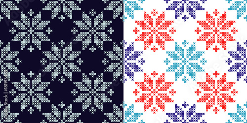 Set of 2 Seamless vector backgrounds cross stitch Norwegian snowflakes. Folk motifs. Winter pattern. Textile rapport.