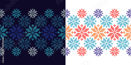 Set of 2 Seamless vector backgrounds cross stitch Norwegian snowflakes. Folk motifs. Winter pattern. Textile rapport.